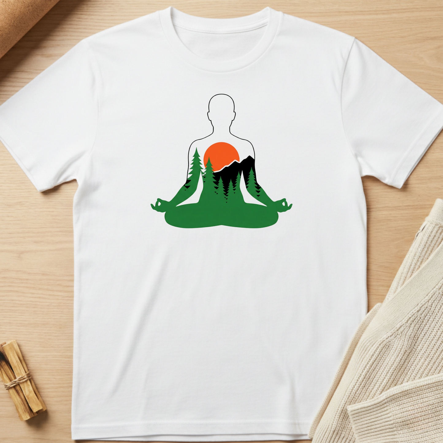 White t-shirt with a nature-themed graphic on a wooden surface. Minimalist yoga apparel by pemuyo.