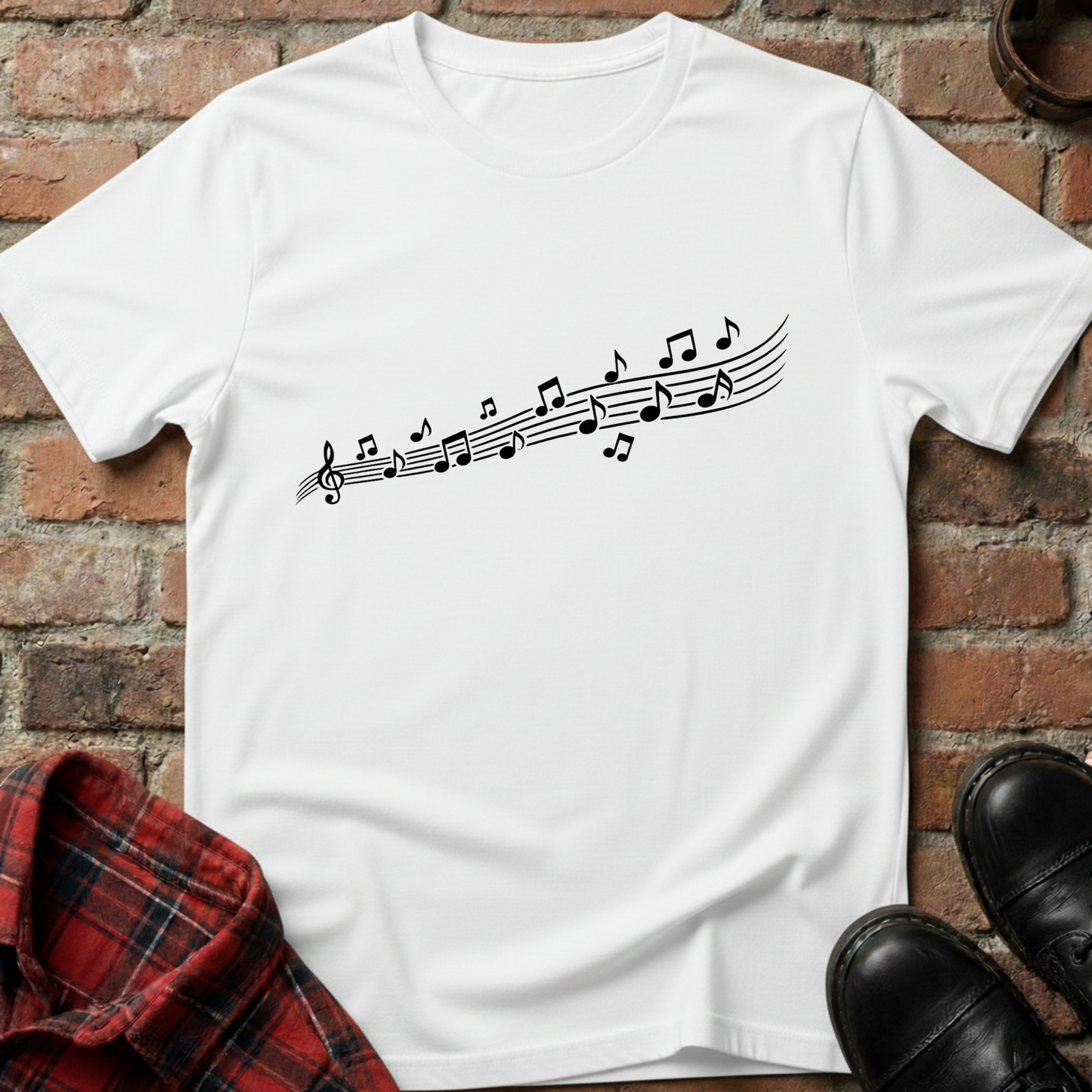 White t-shirt with musical note design on a brick surface. Minimalist music apparel by pemuyo.