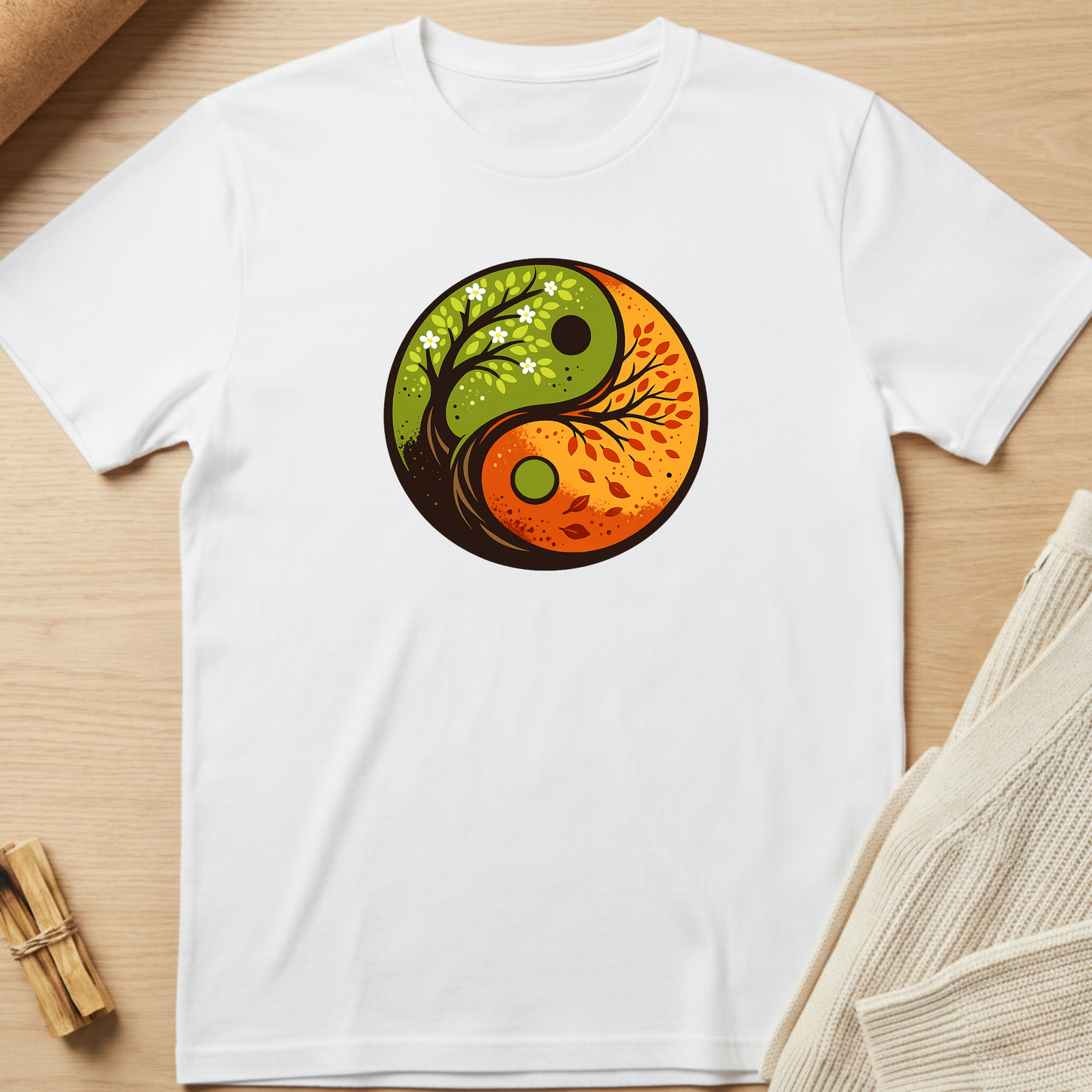 White t-shirt with a yin yang design featuring nature elements on a wooden surface. Minimalist yoga apparel by pemuyo.