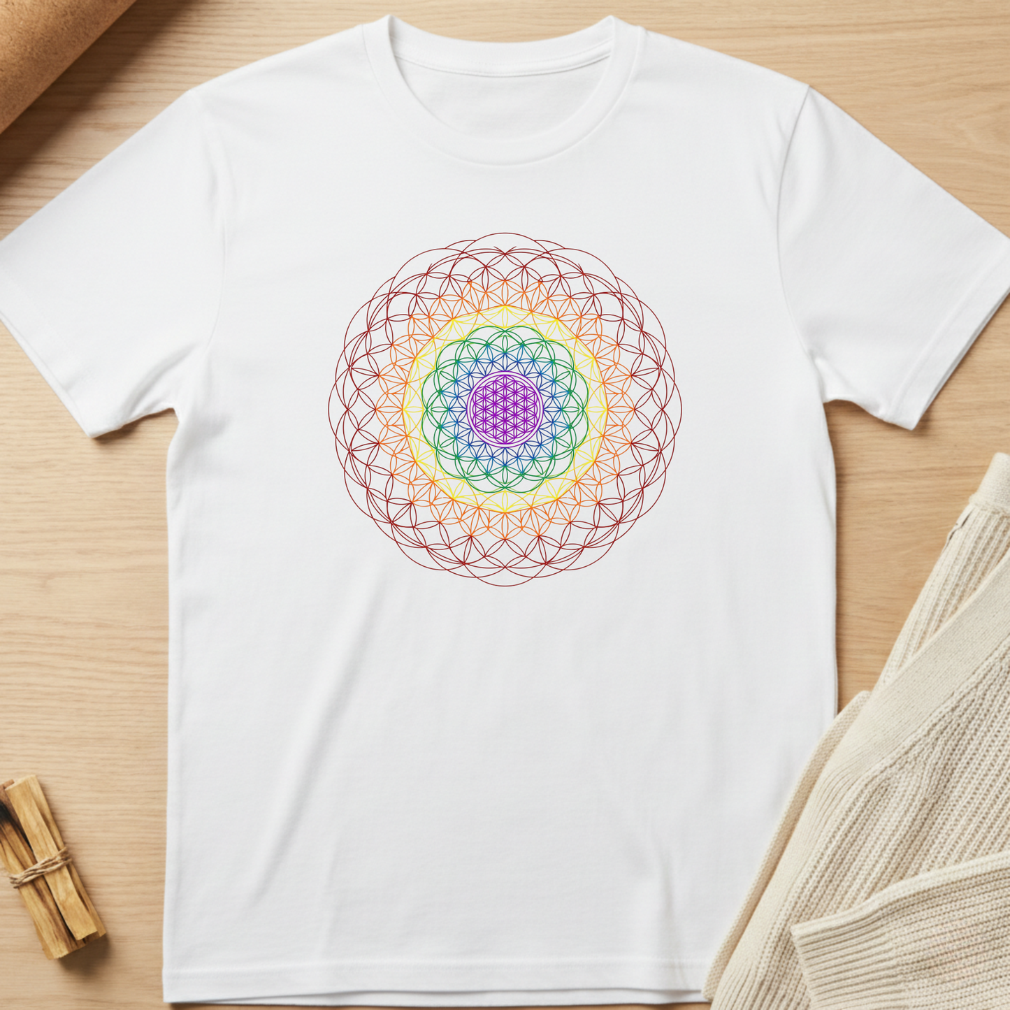White t-shirt with a colorful geometric design on a wooden surface. Minimalist yoga apparel by pemuyo.