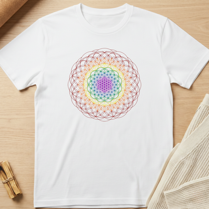 White t-shirt with a colorful geometric design on a wooden surface. Minimalist yoga apparel by pemuyo.