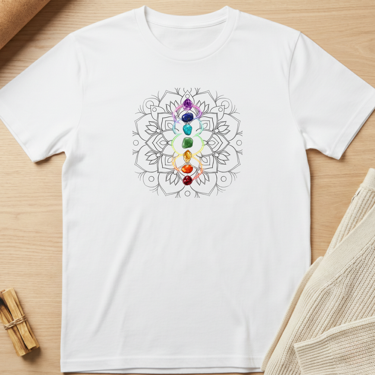 A white short-sleeve crewneck t-shirt laid flat on a light wood surface, featuring a central graphic of the seven chakras in a vertical rainbow sequence over a gray mandala design. Minimalist yoga apparel by pemuyo.