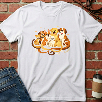 White t-shirt with a graphic of dogs on a brick wall background. Minimalist dog apparel by pemuyo.