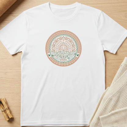A white short-sleeve crewneck t-shirt laid flat on a light wood surface, featuring a circular mandala-style graphic in muted peach, sage green, and gray on the chest. Styled flat-lay props include a rolled tan paper corner, a small bundle of wooden sticks, and a folded cream knit fabric at the edges. Minimalist yoga apparel by pemuyo.