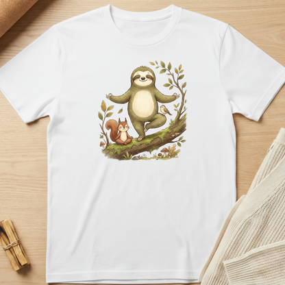 White t-shirt with a sloth and squirrel design on a wooden surface. Minimalist yoga apparel by pemuyo.