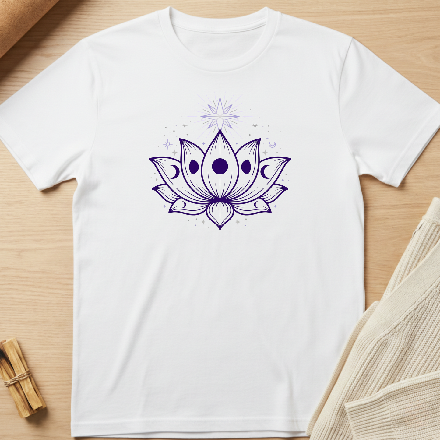 White t-shirt with a purple lotus flower design on a wooden surface. Minimalist yoga apparel by pemuyo.
