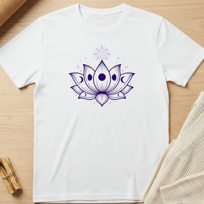 White t-shirt with a purple lotus flower design on a wooden surface. Minimalist yoga apparel by pemuyo.