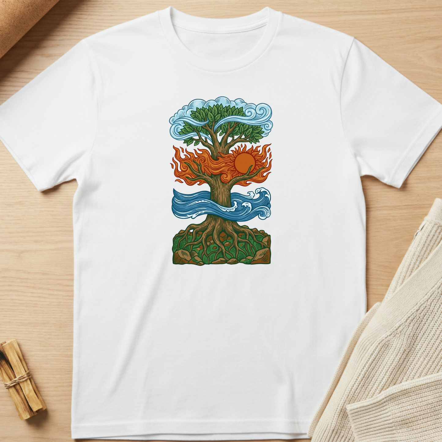 White t-shirt with a colorful tree design on a wooden surface. Minimalist yoga apparel by pemuyo.