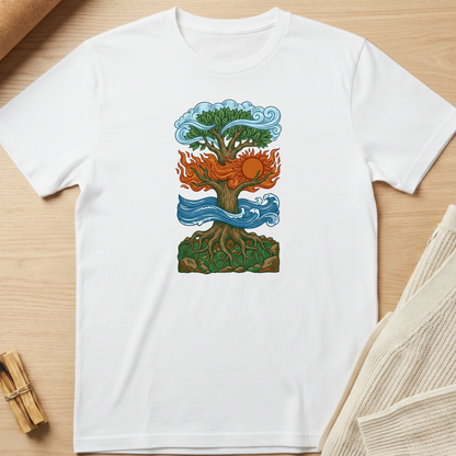 White t-shirt with a colorful tree design on a wooden surface. Minimalist yoga apparel by pemuyo.