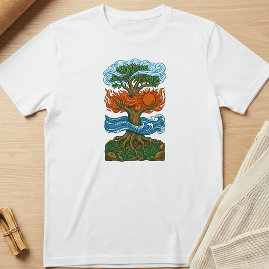 White t-shirt with a colorful tree design on a wooden surface. Minimalist yoga apparel by pemuyo.