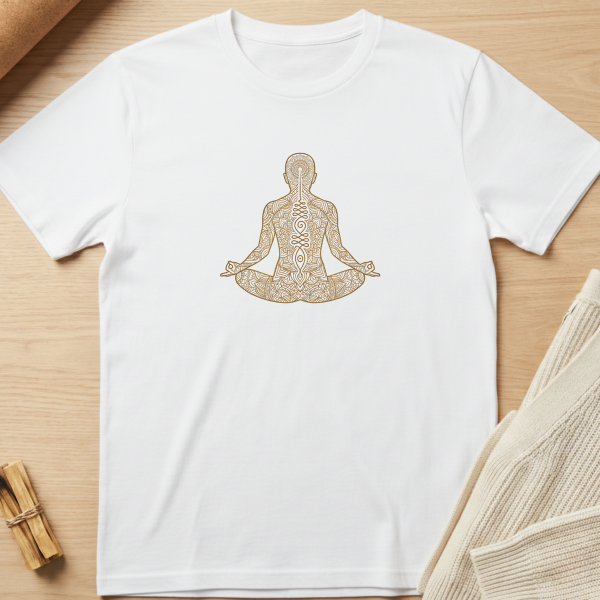A white short-sleeve crewneck t-shirt featuring a detailed tan line-art graphic of a meditating figure on the chest, displayed flat on a light wood background with neutral props. Minimalist yoga apparel by pemuyo.