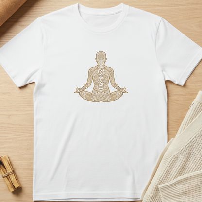 A white short-sleeve crewneck t-shirt featuring a detailed tan line-art graphic of a meditating figure on the chest, displayed flat on a light wood background with neutral props. Minimalist yoga apparel by pemuyo.