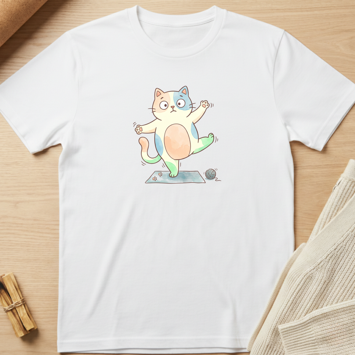 A white short-sleeve crewneck t-shirt laid flat on a light wood surface, featuring a colorful cartoon cat graphic on the chest performing a yoga pose. Minimalist yoga apparel by pemuyo.