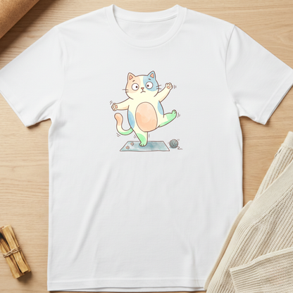 A white short-sleeve crewneck t-shirt laid flat on a light wood surface, featuring a colorful cartoon cat graphic on the chest performing a yoga pose. Minimalist yoga apparel by pemuyo.