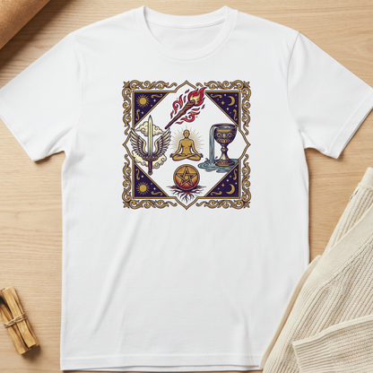White t-shirt with a colorful graphic design on a wooden surface. Minimalist yoga apparel by pemuyo.