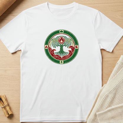 A white short-sleeve crewneck t-shirt laid flat on a light wood background, featuring a circular green and red tree of life graphic printed on the chest. Minimalist yoga apparel by pemuyo.
