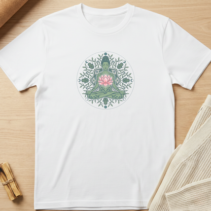 A white short-sleeve crewneck t-shirt laid flat on a light wood surface, featuring a circular graphic of a meditating Buddha figure with a pink lotus flower in green and gray tones. Minimalist yoga apparel by pemuyo.