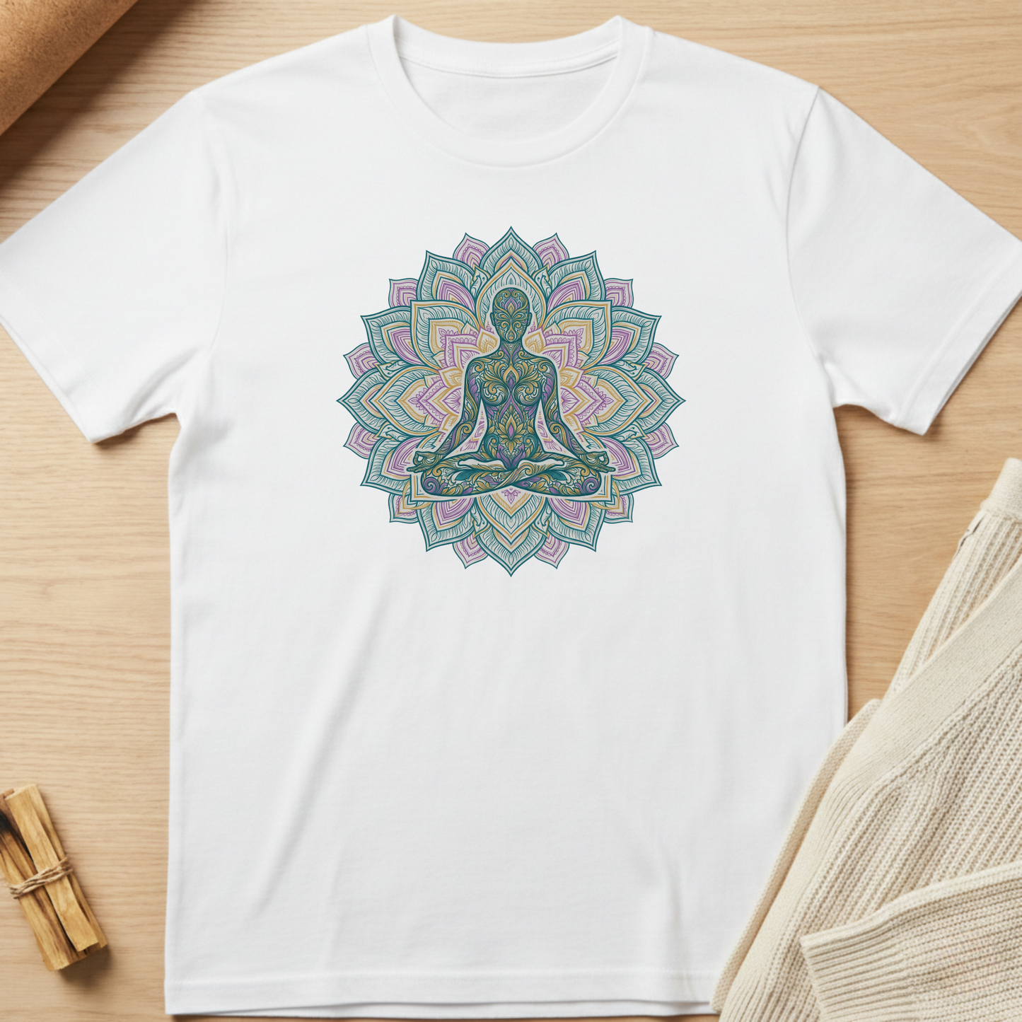 White t-shirt with a colorful mandala design featuring a person in a meditative pose on a wooden surface. Minimalist yoga apparel by pemuyo.