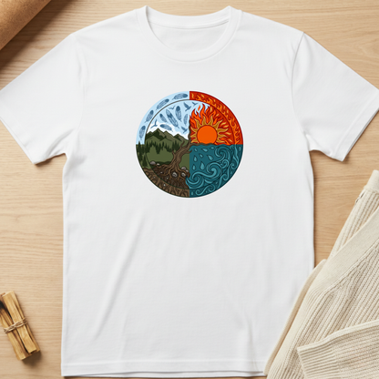 A white short-sleeve crewneck t-shirt laid flat on a light wood surface, featuring a circular graphic of a yin-yang style nature design with a mountain, tree, sun, and wind motifs in blue, orange, green, and brown. Minimalist yoga apparel by pemuyo.