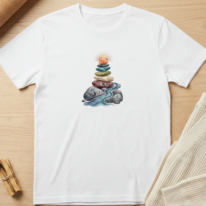 A white short-sleeve crewneck t-shirt laid flat on a light wood background, featuring a central graphic of a stacked stone tower with a sun and blue water. Minimalist yoga apparel by pemuyo.