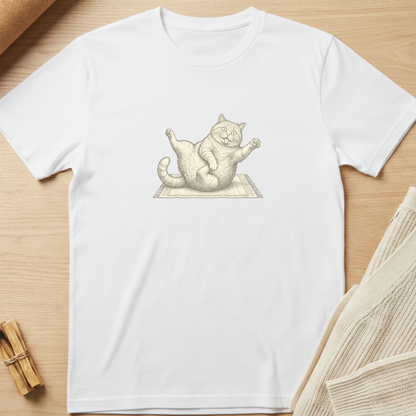 A white short-sleeve crewneck t-shirt featuring a detailed black and white sketch of a relaxed cat stretching on a rug, laid flat on a light wood background with neutral props. Minimalist yoga apparel by pemuyo.