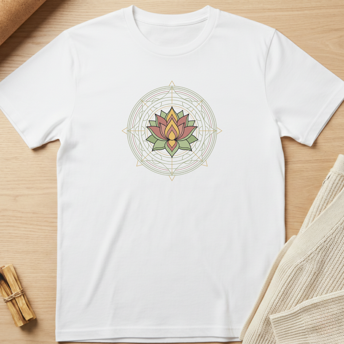 A white short-sleeve crewneck t-shirt laid flat on a light wood background, featuring a central graphic of a lotus flower inside a geometric web design in muted green, pink, and gold tones. Minimalist yoga apparel by pemuyo.