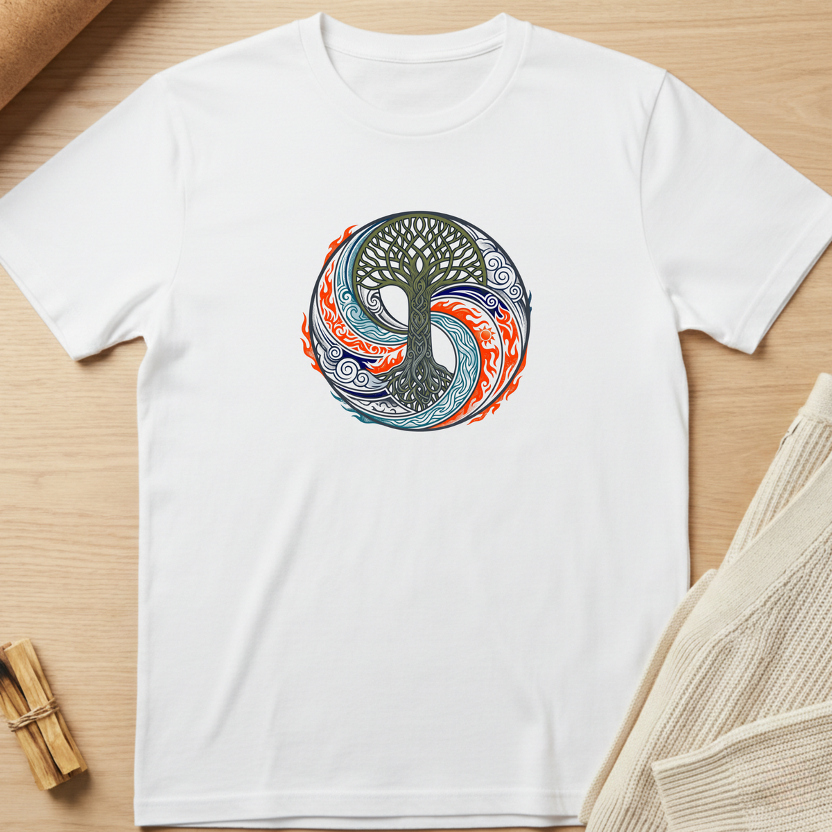 A white short-sleeve crewneck t-shirt laid flat on a light wood surface, featuring a circular graphic of a tree of life in a yin-yang style with blue, orange, and green details. Minimalist yoga apparel by pemuyo.