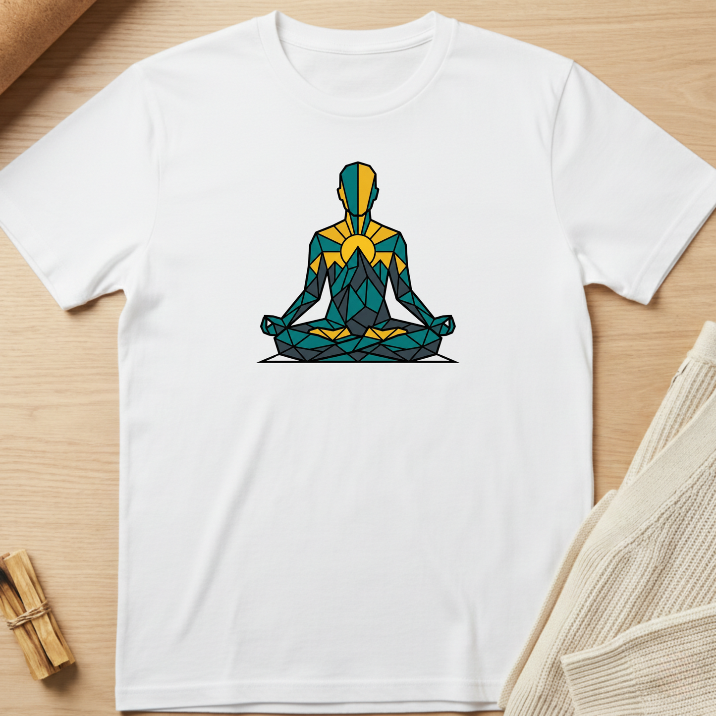 White t-shirt with a geometric yoga pose design on a wooden surface. Minimalist yoga apparel by pemuyo.