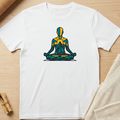 White t-shirt with a geometric yoga pose design on a wooden surface. Minimalist yoga apparel by pemuyo.
