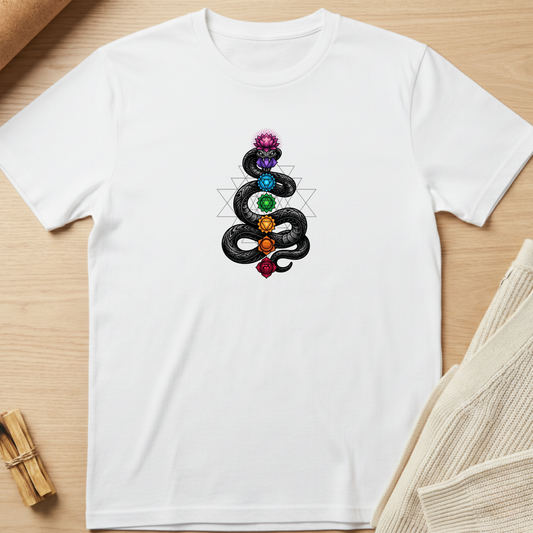 A white short-sleeve crewneck t-shirt laid flat on a light wood surface, featuring a central graphic of a black serpent wrapped around a chakra symbol with colorful gemstone-like circles in purple, blue, green, orange, and red. Minimalist yoga apparel by pemuyo.