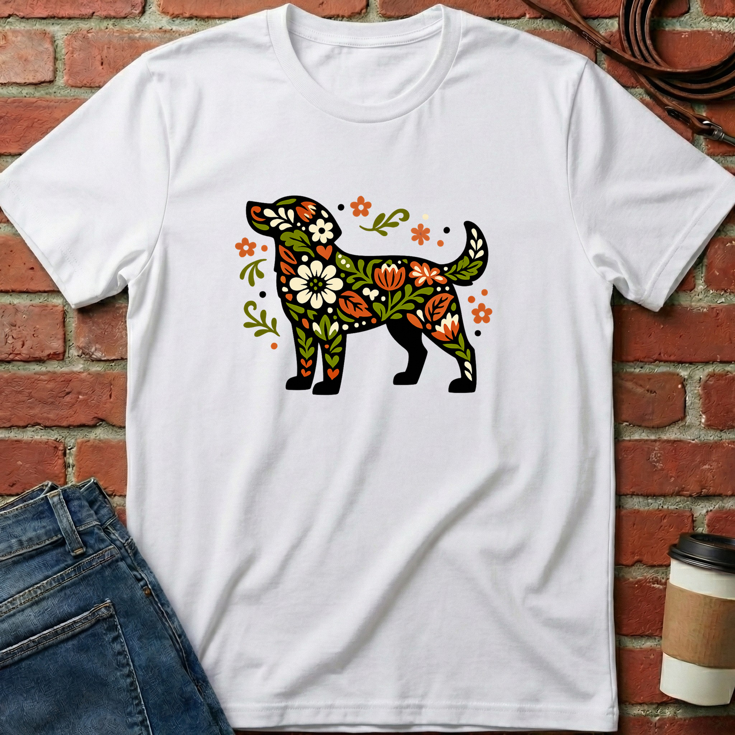 White t-shirt with a colorful dog design on a brick wall background. Minimalist dog apparel by pemuyo.