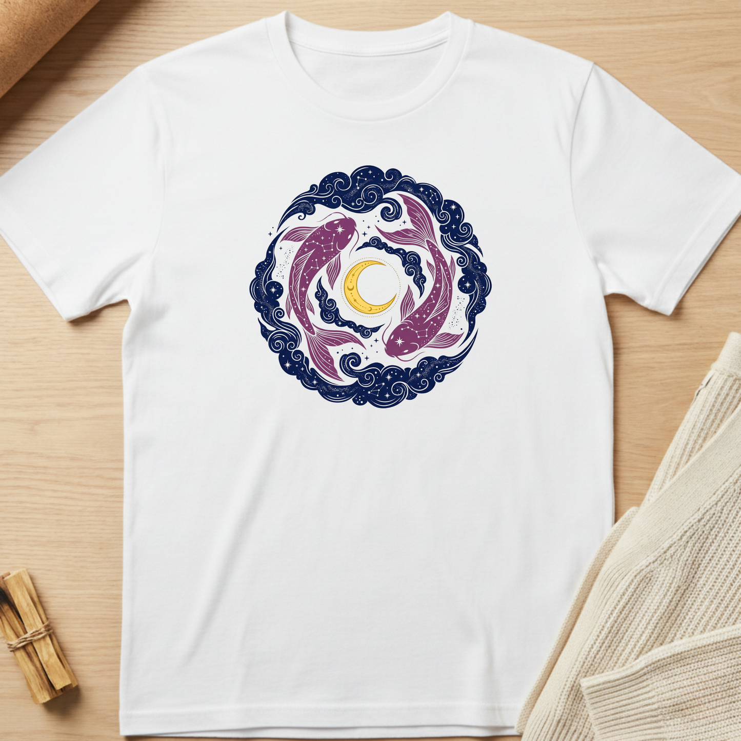 White t-shirt with a colorful graphic design on a wooden surface. Minimalist yoga apparel by pemuyo.