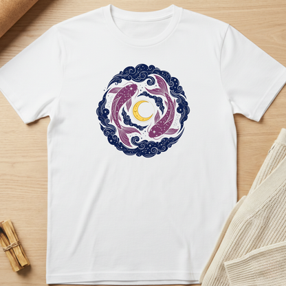 White t-shirt with a colorful graphic design on a wooden surface. Minimalist yoga apparel by pemuyo.
