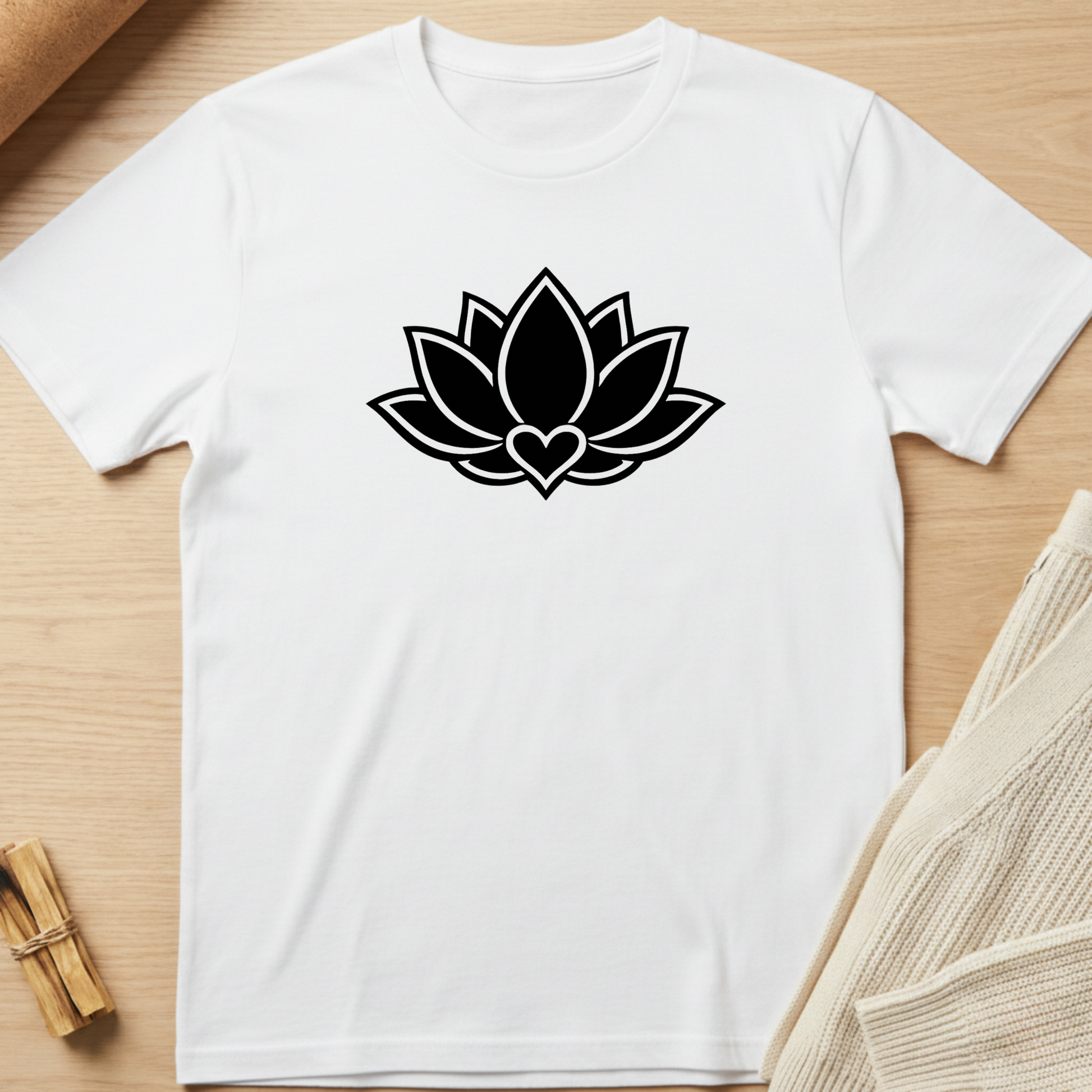 White t-shirt with a black lotus flower design on a wooden surface. Minimalist yoga apparel by pemuyo.