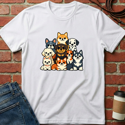 White t-shirt with cartoon dog design against a brick wall. Minimalist dog apparel by pemuyo.