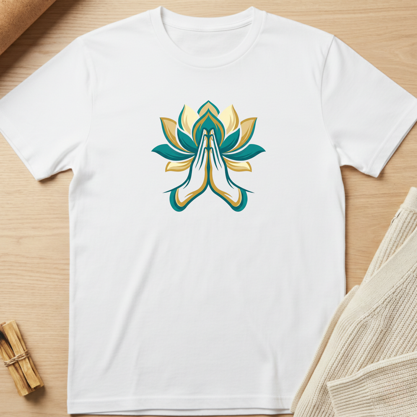 White t-shirt with a colorful lotus flower design on a wooden surface. Minimalist yoga apparel by pemuyo.