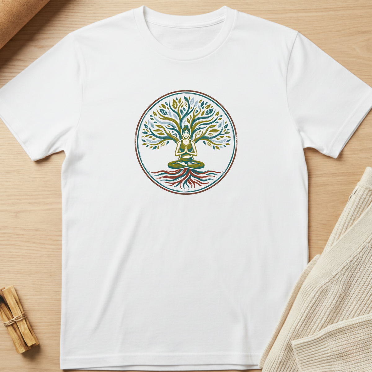 A white short-sleeve crewneck t-shirt laid flat on a light wood surface, featuring a circular graphic of a meditating green snake within a tree with multicolored roots. Minimalist yoga apparel by pemuyo.