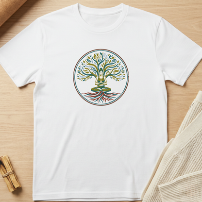 A white short-sleeve crewneck t-shirt laid flat on a light wood surface, featuring a circular graphic of a meditating green snake within a tree with multicolored roots. Minimalist yoga apparel by pemuyo.