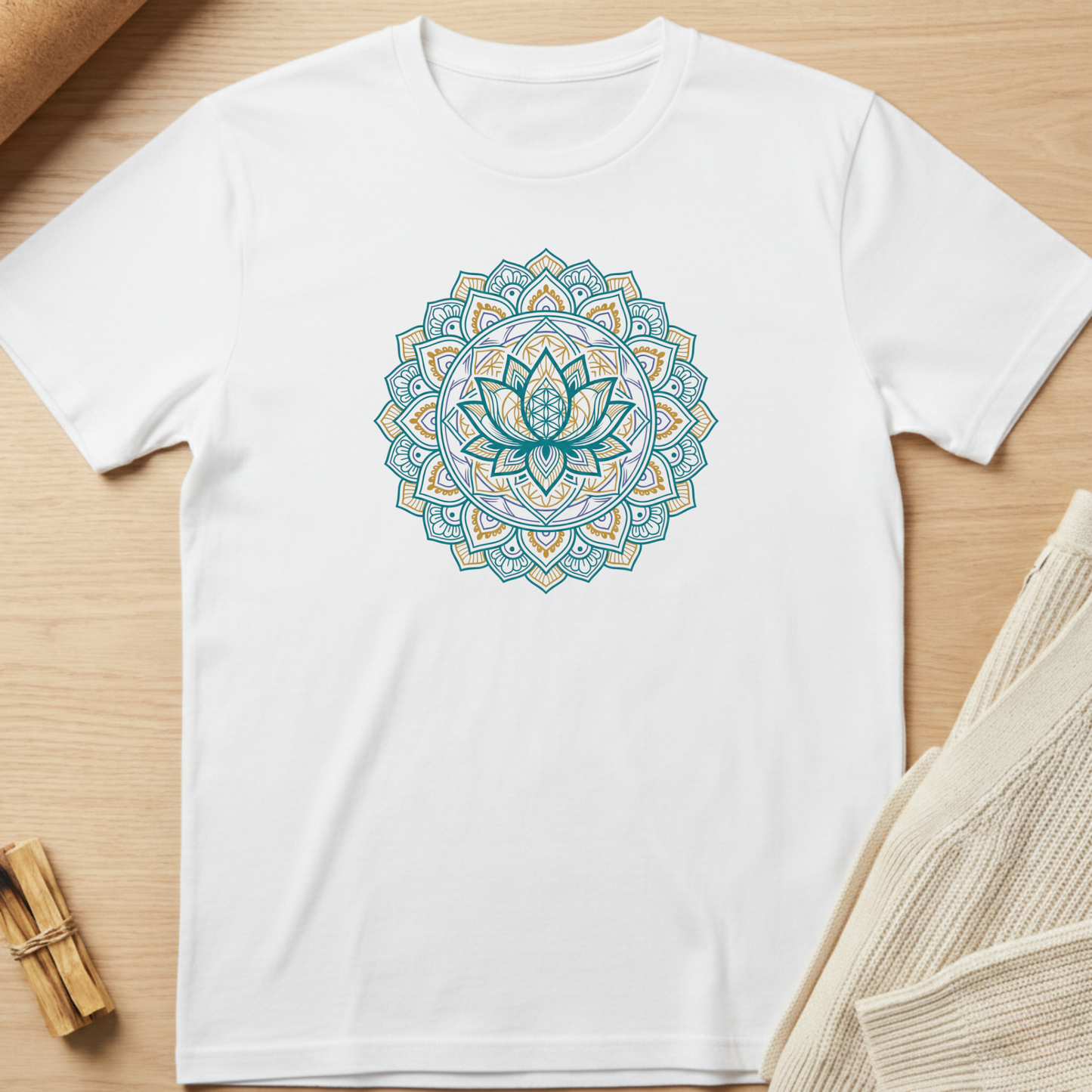 White t-shirt with a blue and green mandala design on a wooden surface. Minimalist yoga apparel by pemuyo.