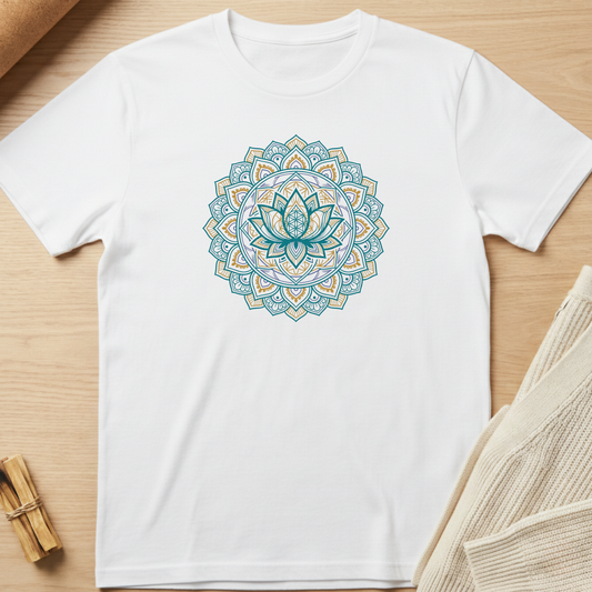 White t-shirt with a blue and green mandala design on a wooden surface. Minimalist yoga apparel by pemuyo.