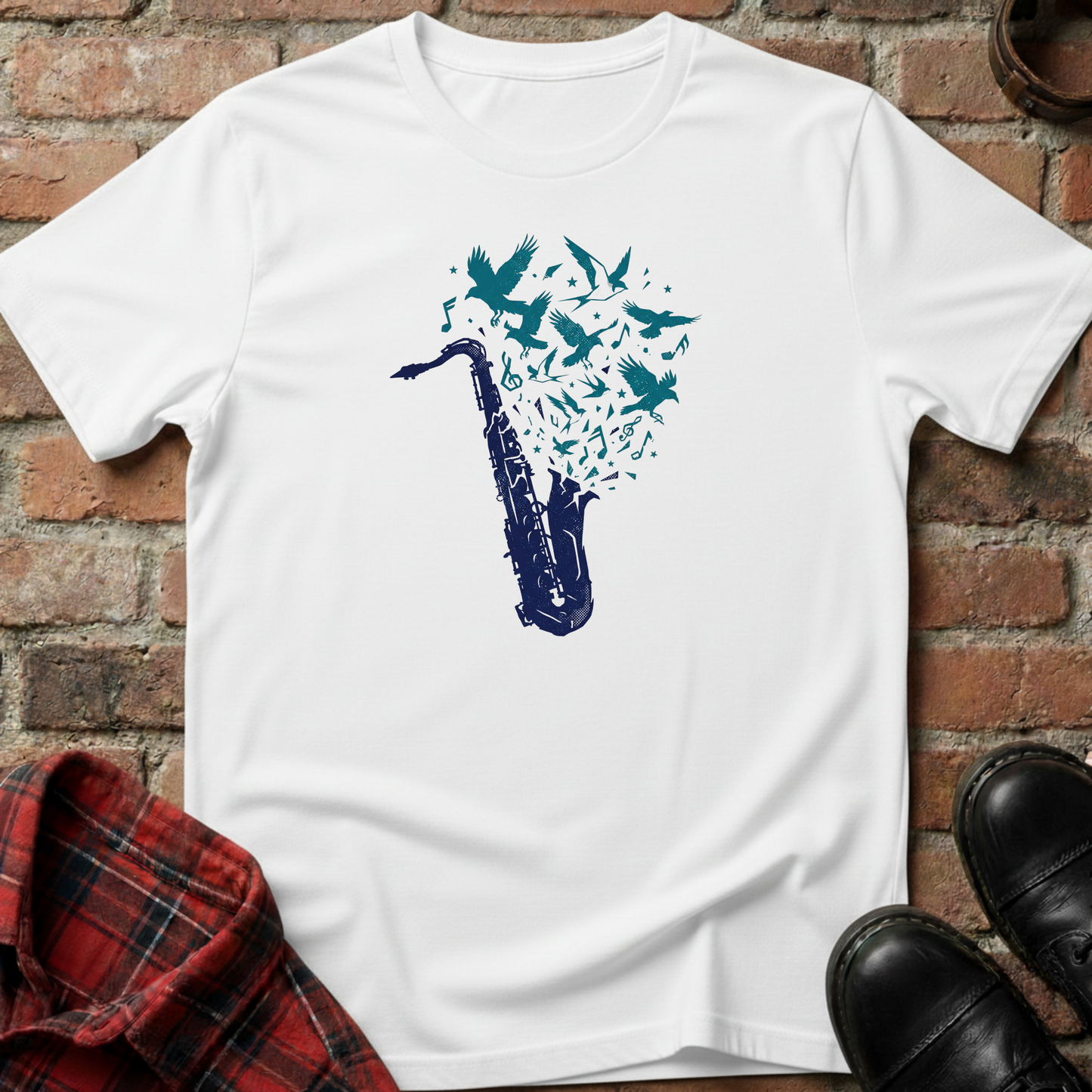 White t-shirt with a saxophone and birds design on a brick surface. Minimalist music apparel by pemuyo.