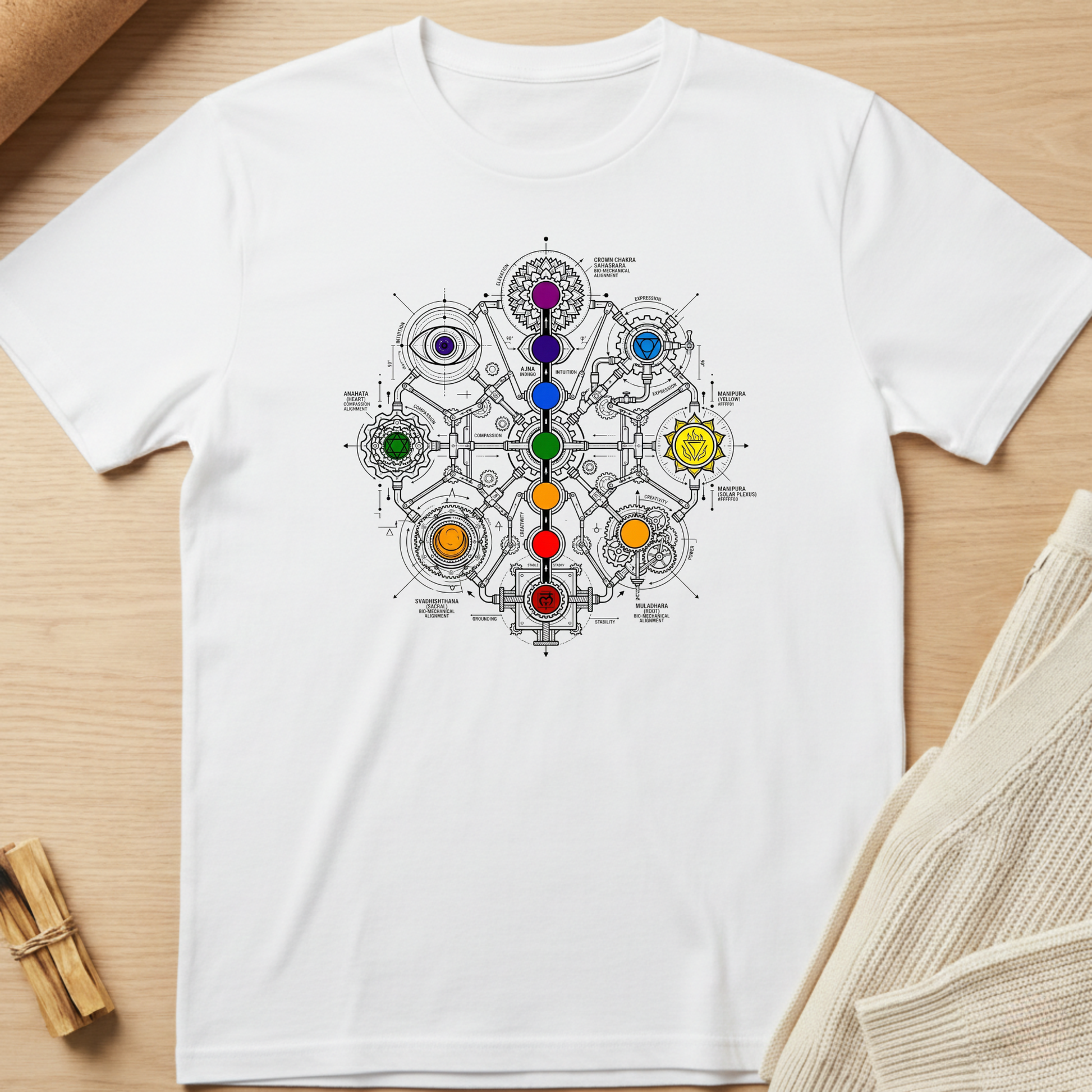 White t-shirt with a colorful chakra design on a wooden surface. Minimalist yoga apparel by pemuyo.