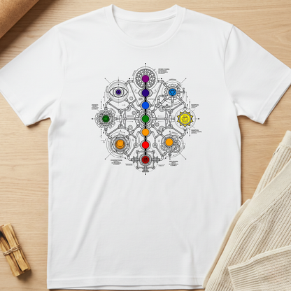 White t-shirt with a colorful chakra design on a wooden surface. Minimalist yoga apparel by pemuyo.