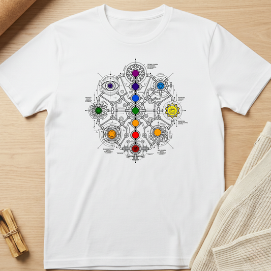 White t-shirt with a colorful chakra design on a wooden surface. Minimalist yoga apparel by pemuyo.