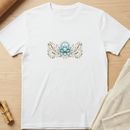 A white short-sleeve crewneck t-shirt laid flat on a light wood surface, featuring a central teal and brown floral lotus graphic. Styled flat-lay props include a rolled tan fabric corner, a small bundle of wooden sticks, and a beige knit fabric piece on the right. Minimalist yoga apparel by pemuyo.