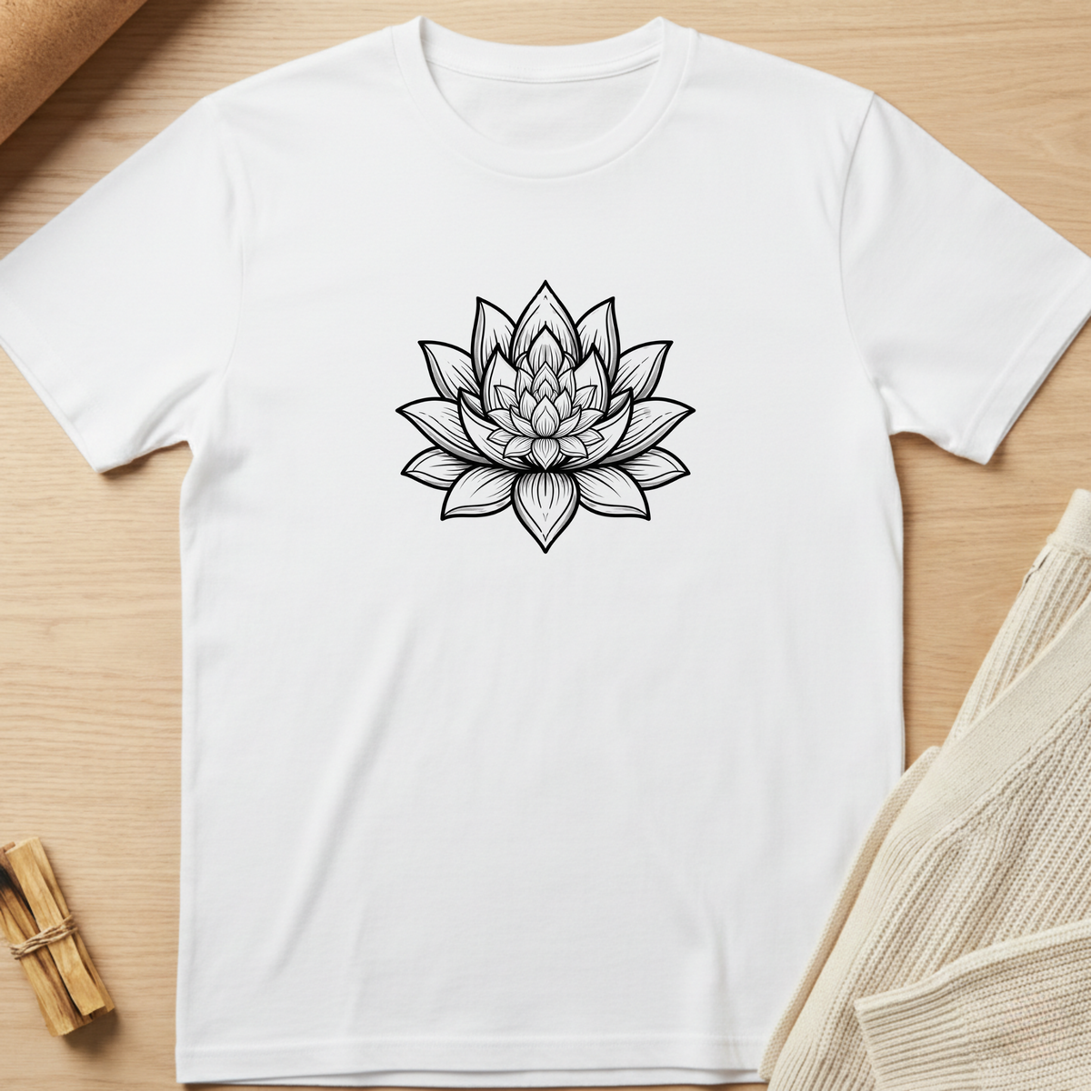 A white short-sleeve crewneck t-shirt featuring a black line art graphic of a lotus flower on the chest, laid flat on a light wood background with neutral props. Minimalist yoga apparel by pemuyo.