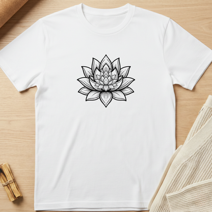 A white short-sleeve crewneck t-shirt featuring a black line art graphic of a lotus flower on the chest, laid flat on a light wood background with neutral props. Minimalist yoga apparel by pemuyo.