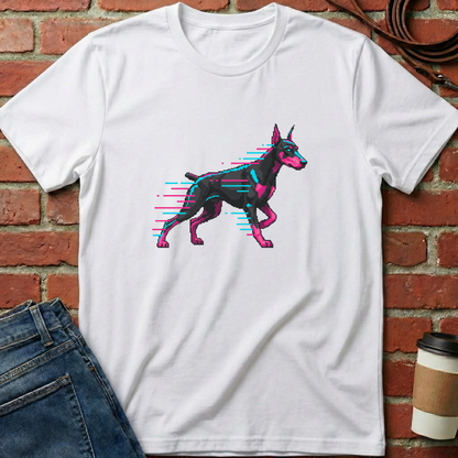 White t-shirt with a graphic of a dog on a brick wall background. Minimalist dog apparel by pemuyo.