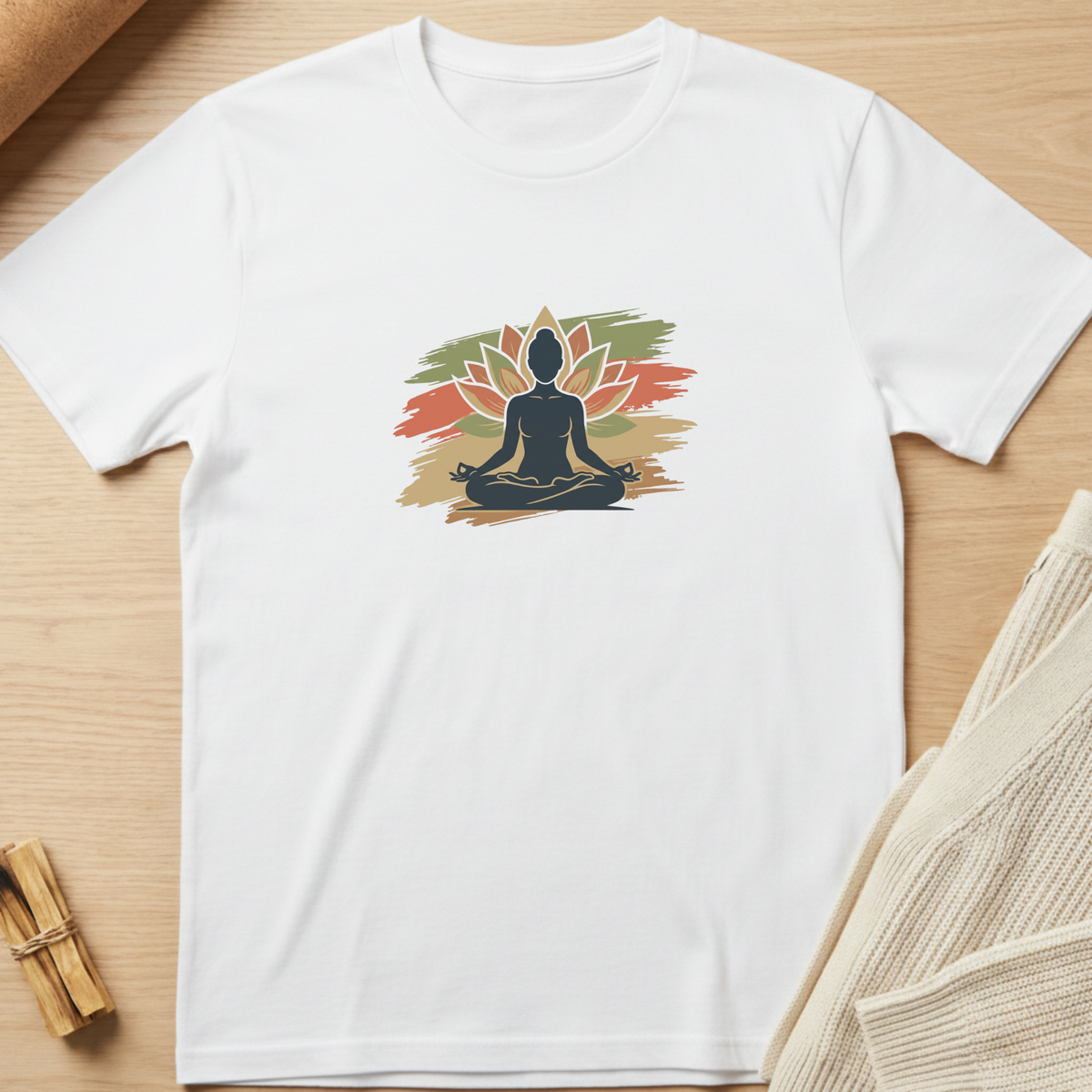 A white short-sleeve crewneck t-shirt laid flat on a light wood surface, featuring a central graphic of a seated meditating figure in black silhouette with a lotus flower in orange, red, and green brushstroke-style colors. Minimalist yoga apparel by pemuyo.