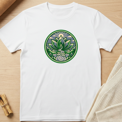 A white short-sleeve crewneck t-shirt laid flat on a light wood surface, featuring a circular green and blue lotus medallion graphic printed on the chest. Minimalist yoga apparel by pemuyo.